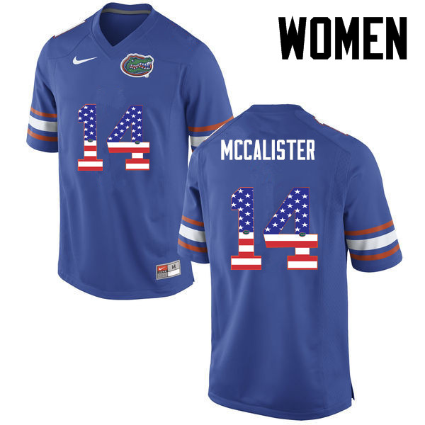 Women Florida Gators #14 Alex McCalister College Football USA Flag Fashion Jerseys-Blue - Click Image to Close